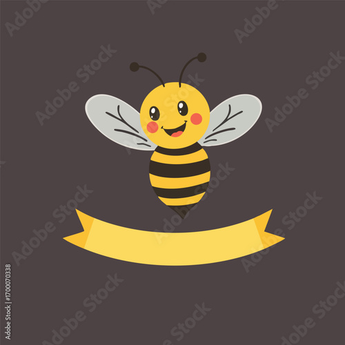 A happy  buzzing bee is rendered in a minimalist style  with a honeycomb-patterned banner underneath. Simple flat Vector style.