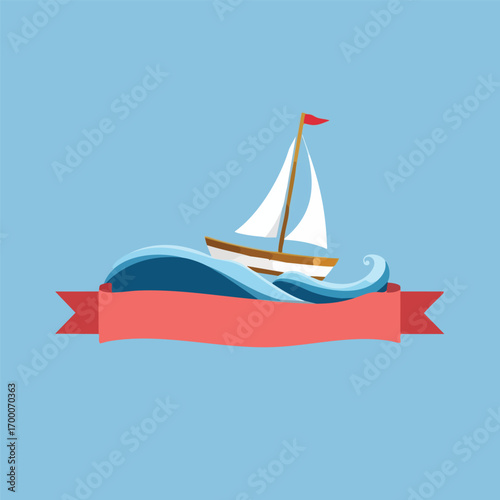 A little toy sailboat is the centerpiece of this nautical design  floating on a wave that doubles as a banner. Simple flat Vector style.
