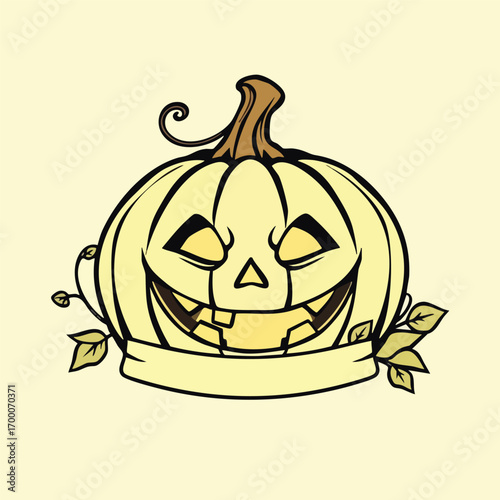 A grinning jack-o'-lantern is the focus of this clean vector design  with a vine banner for a name.