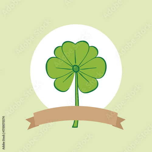 A lucky four-leaf clover is the focus of this flat vector illustration  with a simple ribbon banner below.