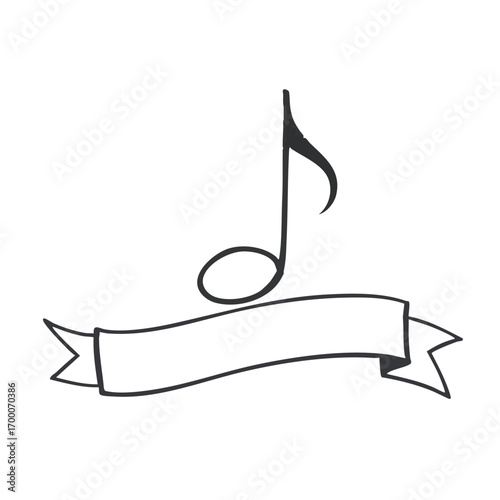 A musical note is drawn in a clean  minimalist style  with a staff line extending into a banner.
