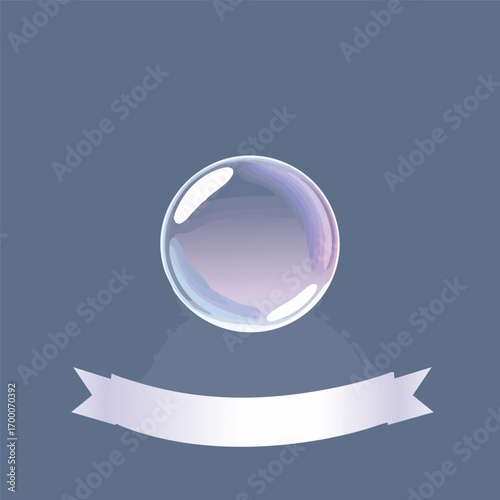 A single  perfect bubble is the focus of this minimalist design  with a shimmering  curved banner below. Simple flat Vector style.