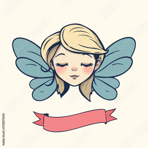 A whimsical fairy's head  with delicate features  is the subject of this flat vector design  which includes a flowing ribbon for a name.