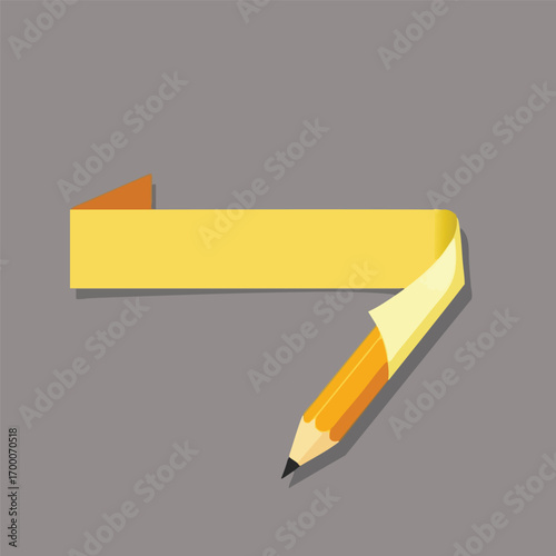 The clean shape of a classic yellow pencil is featured  with a shaving peeling off to form a creative banner. Simple flat Vector style.