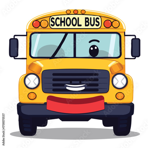 The friendly face of a school bus is the focus of this illustration  with the front bumper designed as a banner. Simple flat Vector style.