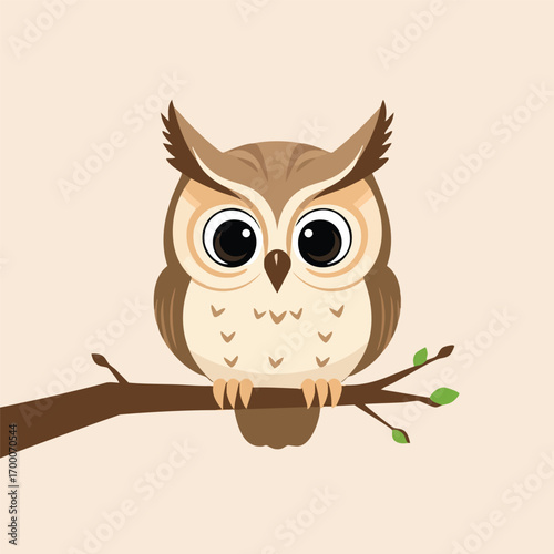 The head of a wide-eyed baby owl is rendered in a cute  minimalist style  perched on a branch that serves as a banner. Simple flat Vector style.