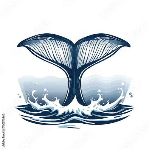 The vector shape of a majestic whale's tail emerges from the water  creating a splash that forms a banner.