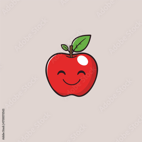 This design presents a smiling  cartoon apple  with a green leaf at the top that serves as a small banner. Simple flat Vector style.