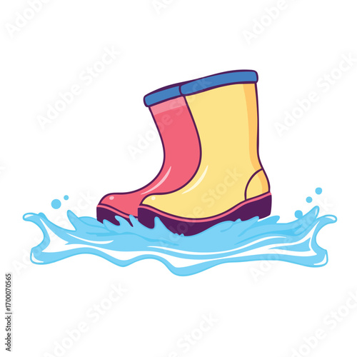 This design features a pair of colorful rain boots  with a splash of water at the bottom creating a banner. Simple flat Vector style.
