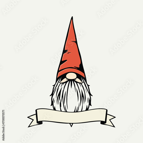 The pointy hat of a friendly garden gnome is the focus of this design  with a simple banner across its base. Simple flat Vector style.