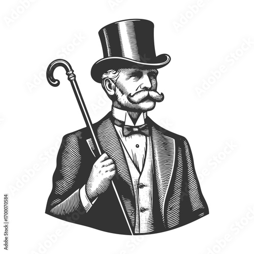bearded gentleman in a suit, holding a cane and wearing a tall top hat sketch engraving generative ai fictional character vector illustration. Scratch board imitation. Black and white image.