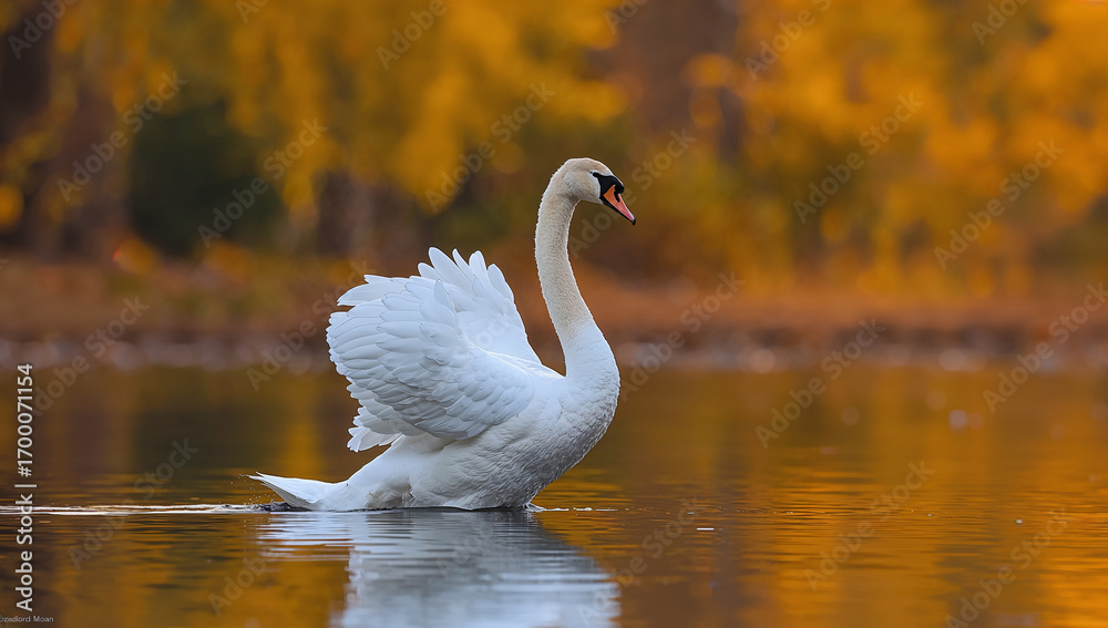 Fototapeta premium White swan glides on golden autumn lake bird water