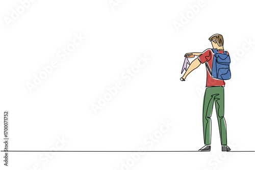 Continuous line drawing design for Insect Repellent Awareness Day depicting a young man traveler with a backpack spraying repellent, promoting outdoor safety, health protection, and mosquito awareness