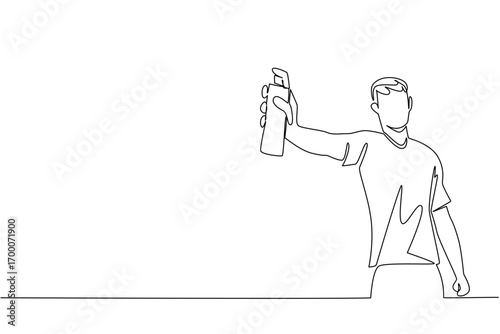 Single line drawing of a man spraying insect repellent around his house, health concept, international theme for Insect Repellent Awareness Day, minimalist style showing environment protection.