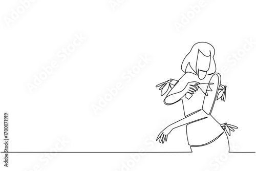 One line drawing of a girl holding insect repellent spray while surrounded by mosquitoes, health concept, international theme for Insect Repellent Awareness Day, minimalist style showing safety.