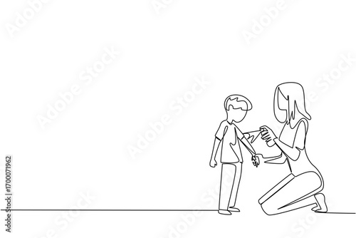 Continuous line drawing of a mother spraying insect repellent on her son, health concept, international theme for Insect Repellent Awareness Day, minimalist style promoting family protection.