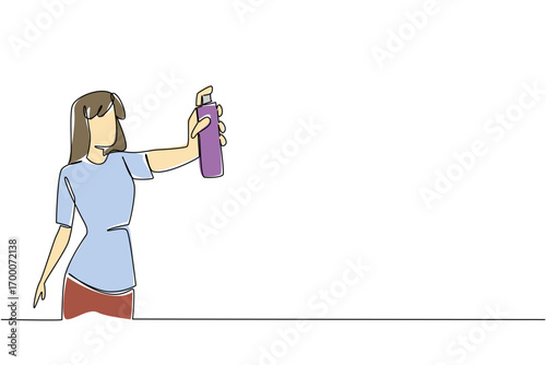 Continuous line drawing design concept for Insect Repellent Awareness Day showing a woman spraying insect repellent, promoting personal health, safety, and awareness against mosquitoes.