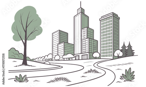 Urban landscape sketch, showcasing a city park with modern high-rise buildings.