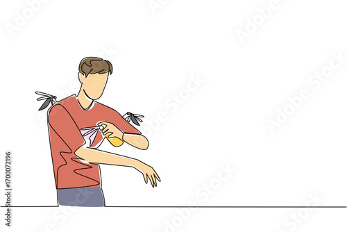One line drawing design for Insect Repellent Awareness Day featuring a young man surrounded by mosquitoes while applying repellent, symbolizing prevention, health, and personal protection awareness.