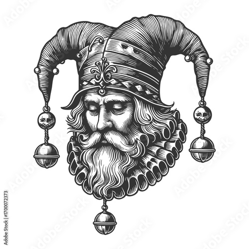 court jester wearing a traditional hat with bells, ornate clothing, and ruffled collar sketch engraving generative ai fictional character vector illustration. Scratch board. Black and white image.