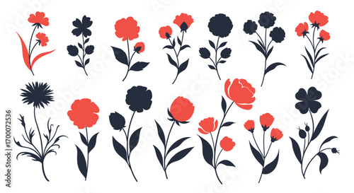 A collection of stylized botanical illustrations featuring floral and leafy designs in red and navy blue hues