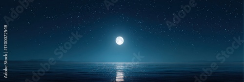Bright moon shining in starry night sky reflecting on calm ocean surface with light blue color palette creating peaceful mysterious atmosphere for creative commercial design backgrounds.