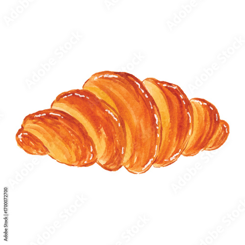 Watercolor illustration of a golden brown croissant, perfect for product packaging, bakery labels, menus, web design, banners, book illustrations and art prints with a warm artisanal style. 