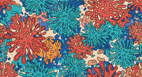 Vibrant underwater coral reef pattern with organic shapes in tropical marine colors