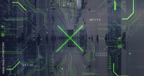 Extending central server rack corridor lining data center hall with blinking LEDs, green overlay