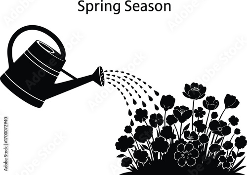 Illustration of a watering can watering flowers for spring season
