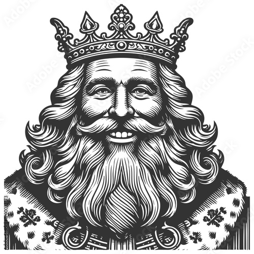 smiling bearded king wearing a crown and ornate armor, symbolizing royalty, leadership, heritage sketch engraving generative ai fictional character vector illustration. Scratch board. Black and white.