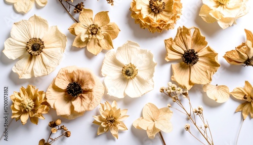 Dried flowers arranged on white background
