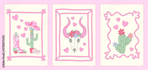 Set of cowgirl cute Posters. Cowgirl boots, hat, Cow Skull and Cactus. Female Cowboy western theme, wild west. Hand-Drawn Vector Illustration for T-shirt, Cover or Sticker.