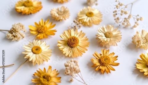 Dried flowers arranged on white