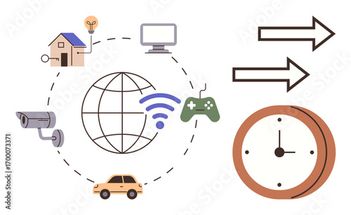 IoT elements thumbs up car, camera, smart home, game controller, PC interconnected around the globe with wireless. Ideal for technology, networking, IoT, automation innovation connection modern