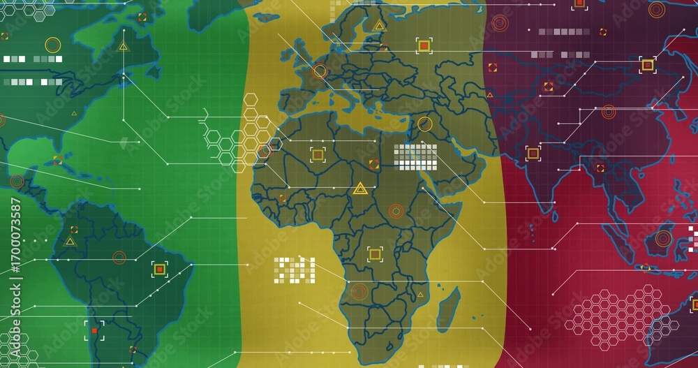 Fototapeta premium Displaying world map segmented into tricolor bands on console, with hex grid, data nodes and arrows
