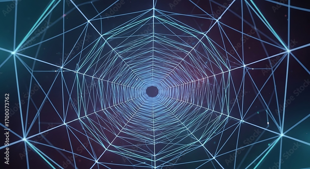 Obraz premium Dynamic glowing digital tunnel of futuristic geometric network lines, representing innovation, data flow, and abstract technology concepts in a mesmerizing visual journey.
