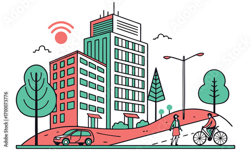 Smart City Life: Modern Urban Landscape with Buildings, Connectivity, and People

