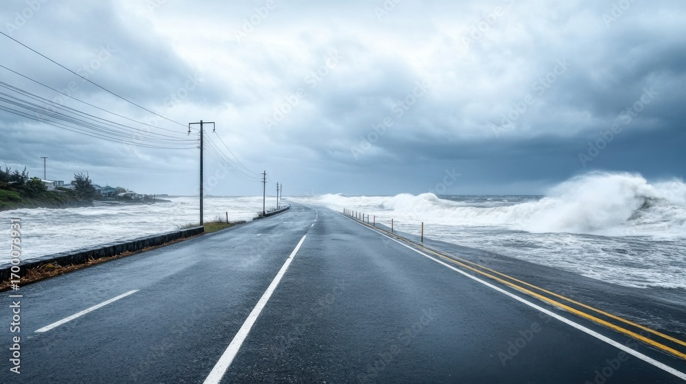 Fototapeta premium Stormy Coastal Road with High Waves and Dark Sky Overcast Conditions