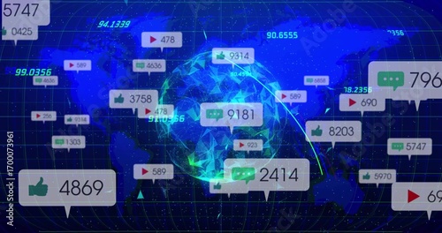 Showing glowing polygonal globe on virtual dashboard with grid lines, metric bubbles, linking arcs