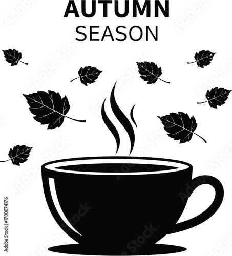 Autumn season cup of tea with falling leaves, a symbol of cozy and warm atmosphere