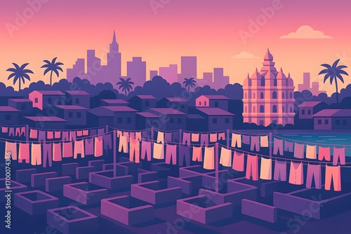 Illustration of Mumbai’s famous Dhobi Ghat showing clothes drying on lines, traditional washing areas, slum housing, and the city skyline at dusk.