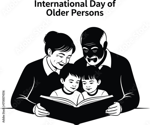 Family reading a book together for international day of older persons