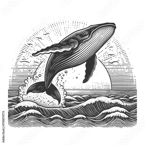 whale breaching the sea, surrounded by splashing waves and flying seabirds in retro style sketch engraving generative ai vector illustration. Scratch board imitation. Black and white image.