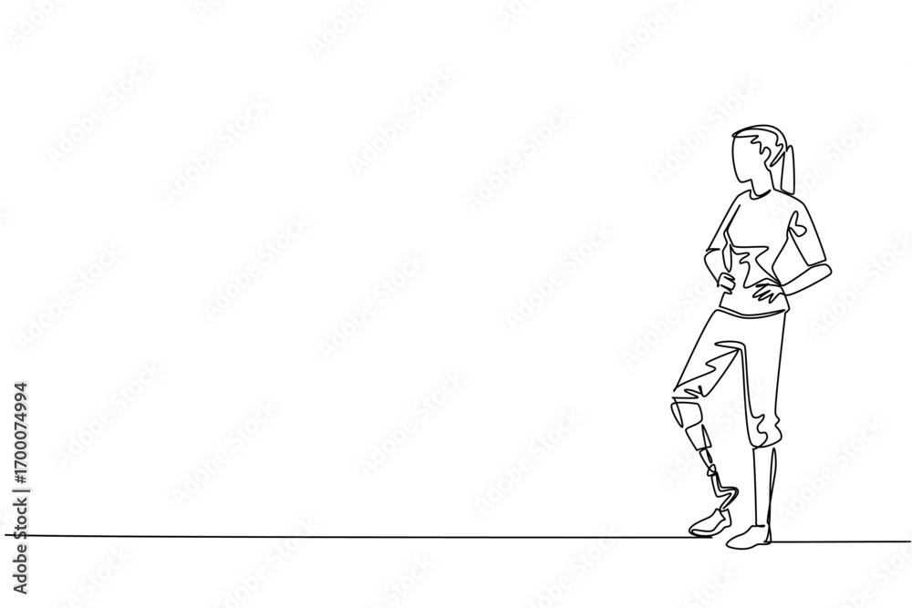 Obraz premium One line drawing of a confident woman standing with a prosthetic leg, hand on waist, symbolizing empowerment, resilience, and the celebration of World Day for Assistive Technology in a health concept.