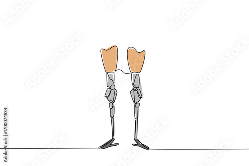 A single line drawing of a pair of prosthetic legs standing side by side, symbolizing accessibility, technological progress, and inclusion for World Day for Assistive Technology in a health concept.