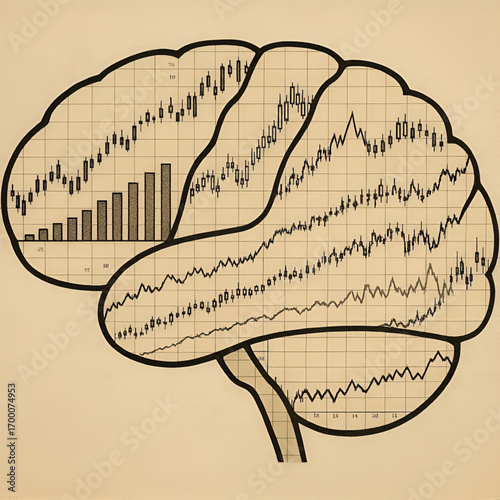 Brain illustration with financial charts and graphs, vintage textured design