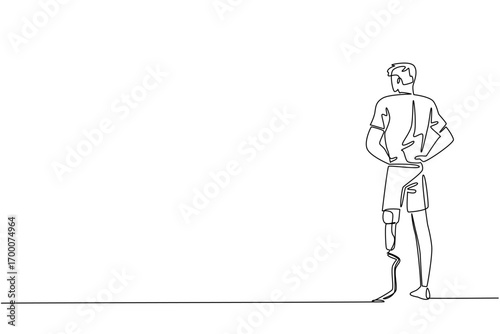 Continuous line drawing of a man with a prosthetic leg, hands on waist, rear view, Reflecting strength, determination, and awareness for World Day for Assistive Technology under a health concept.