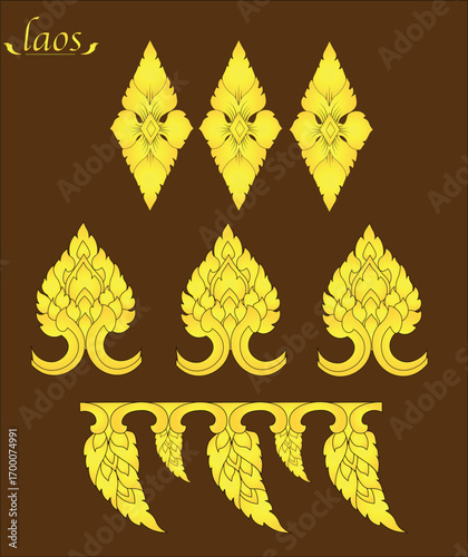 "Traditional Laos pattern vector illustration in golden color. Buddhist temple decorative ornament, floral and leaf elements in Southeast Asian art style on brown background."