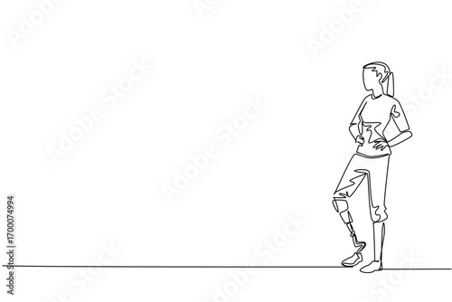 One line drawing of a confident woman standing with a prosthetic leg, hand on waist, symbolizing empowerment, resilience, and the celebration of World Day for Assistive Technology in a health concept.